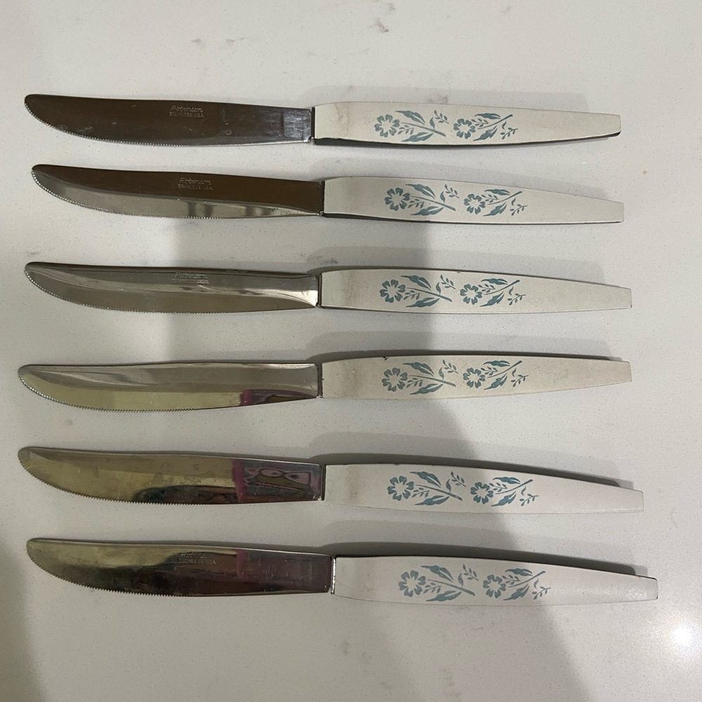 Vintage Stainless Steel Knife Set of 6 Robinson Blue Cornflower Handle Knives